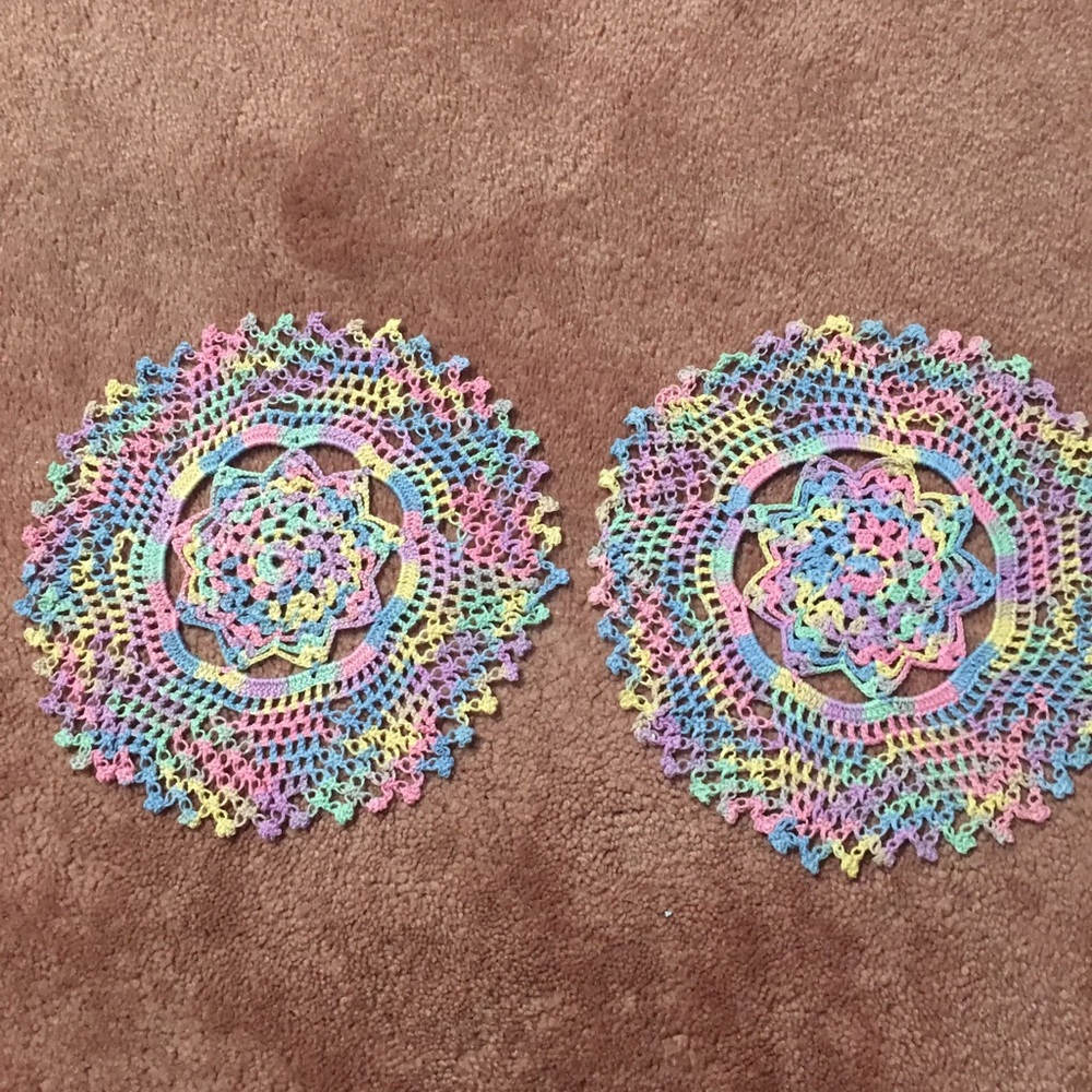 (2) hand made multi color crochet pieces